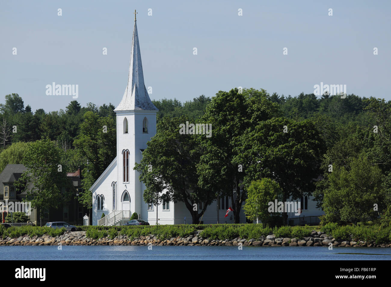 St John's Evangelical Lutheran Church on the South Shore of Mahone Bay in Nova Scotia, Canada. Stock Photo