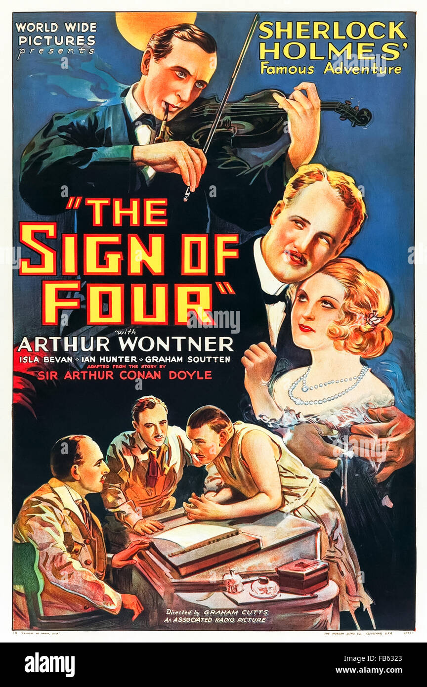 Poster for 'The Sign of Four: Sherlock Holmes' Greatest Case' 1932 film directed by Graham Cutts and starring Arthur Wontner (Holmes); Ian Hunter (Watson) and Isla Bevan (Mary Morstan ). See description for more information. Stock Photo