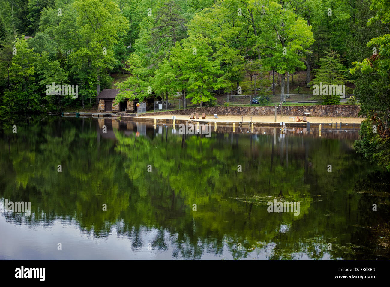 Southern Mountain Lake. Boathouse and beach on Arch Lake in gorgeous Pickett State Park in Jamestown, Tennessee. Stock Photo