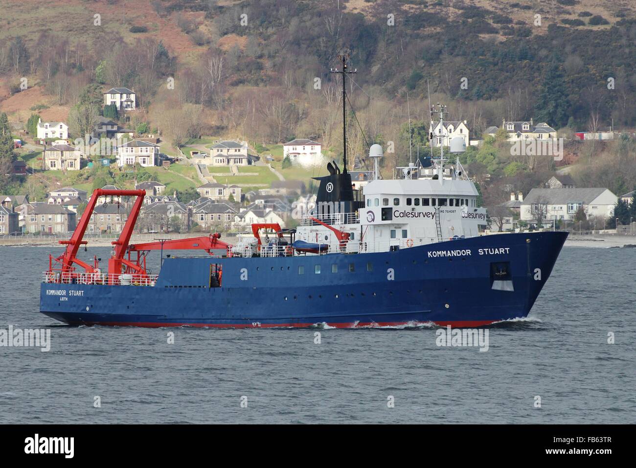 Kommandor Stuart, a geophysical survey vessel operated by Cale Survey, is seen here during a brief visit to the Firth of Clyde. Stock Photo