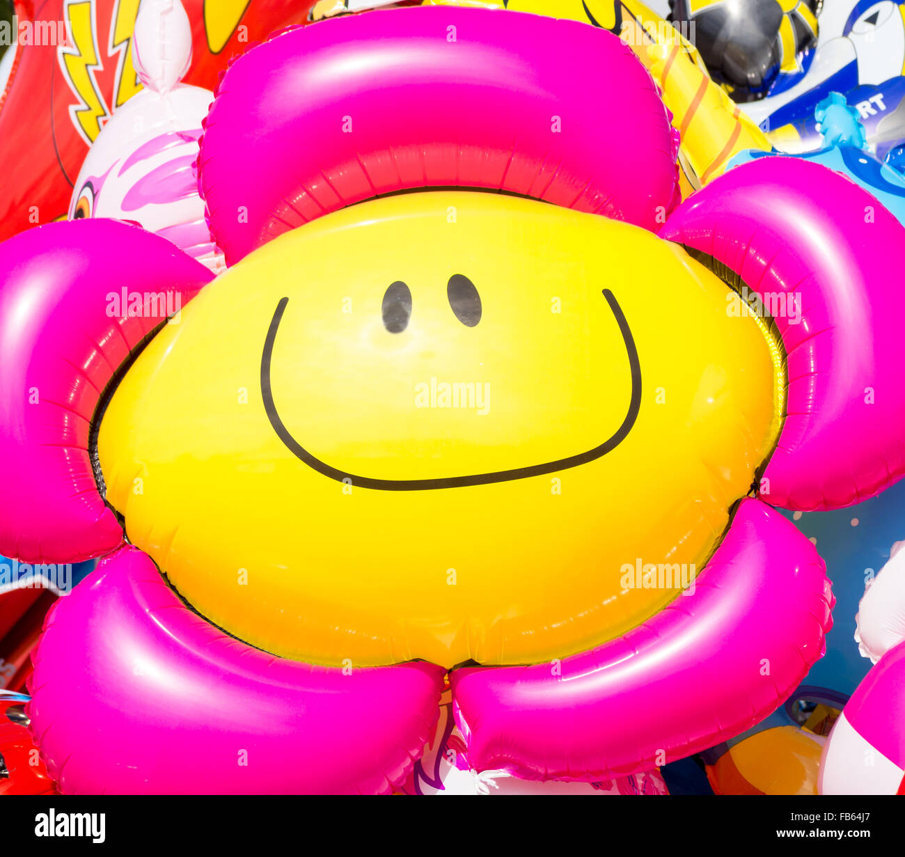 The sun in the face. Image of a flower smiley baloon that look and follow the sun Stock Photo