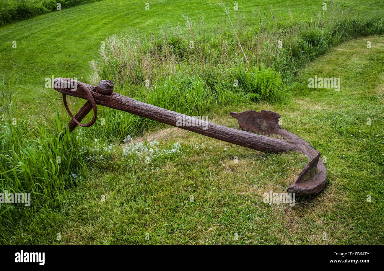 Historic fishing ship anchor close up, Port Clyde light station, Maine, USA, New England, ship’s anchor, nautical vintage seaside object antique images Stock Photo