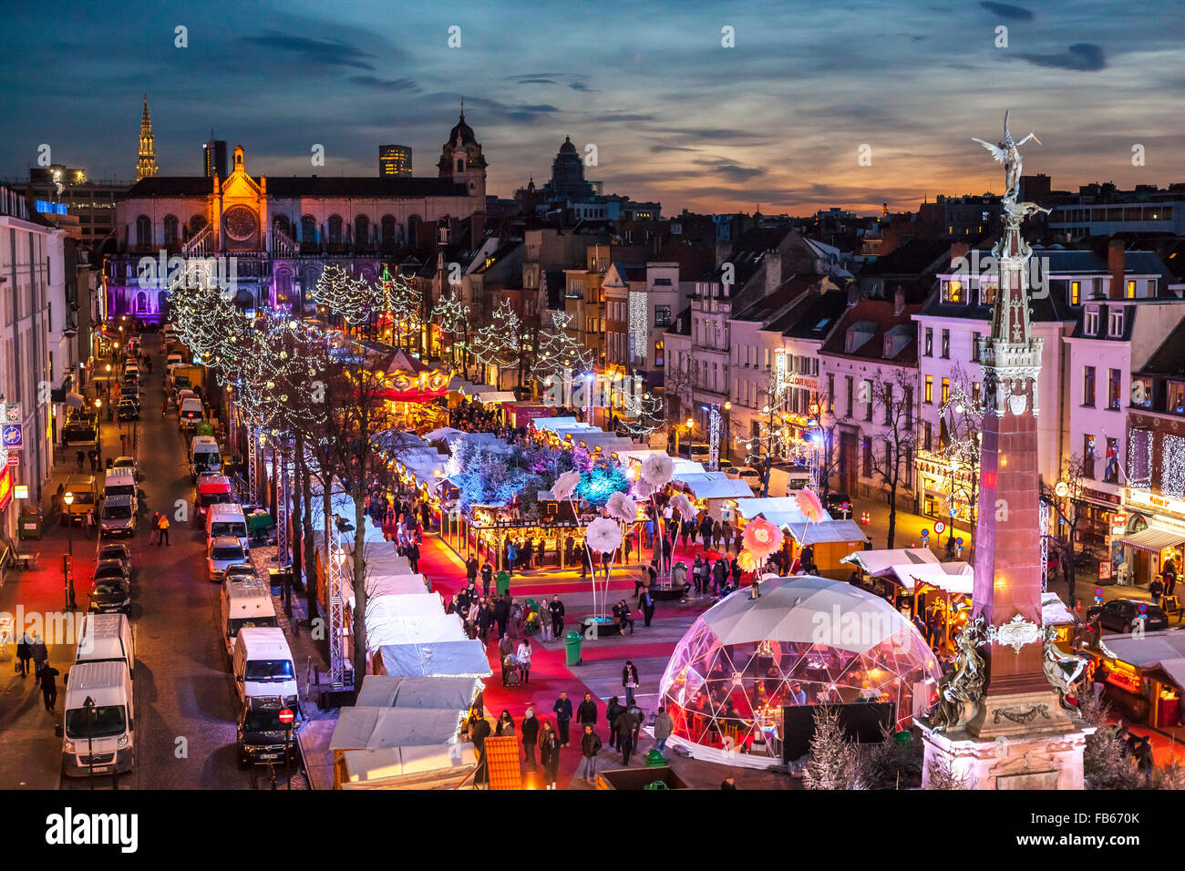 Belgium, Brussels Christmas Market or Winter Wonders, Marché aux Poissons, Fish Market next to St Catherine Church. Stock Photo