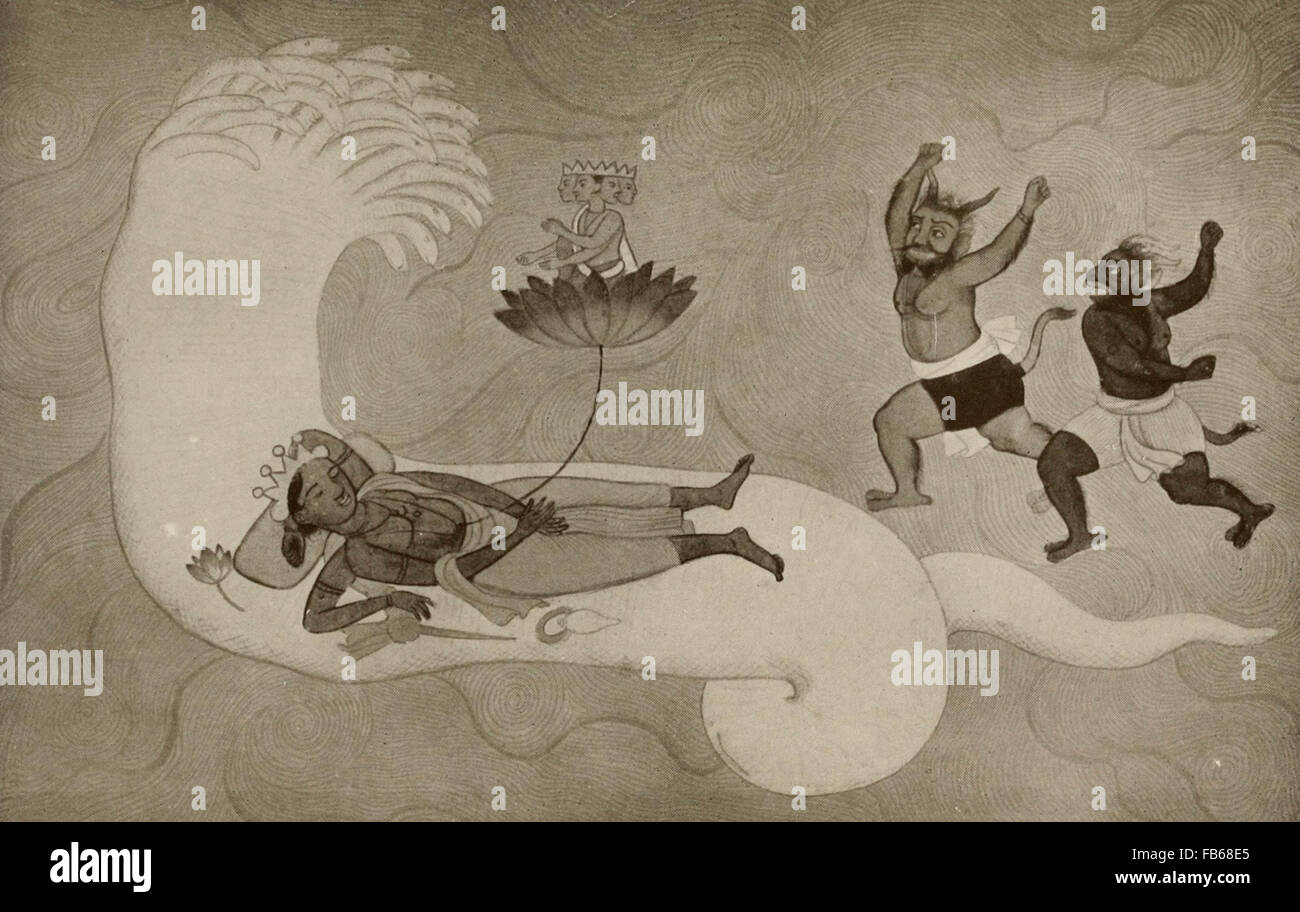 The birth of Brahma, springing from a lotus issuing from Vishnu Stock Photo