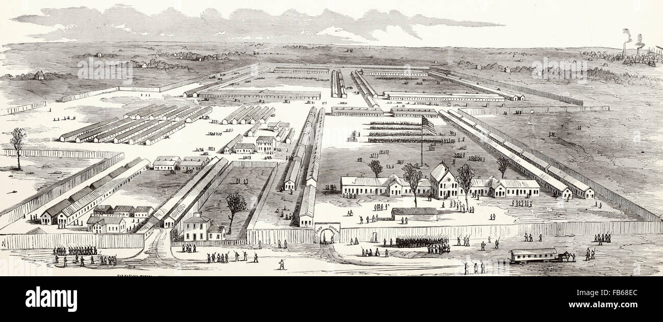 Birds eye view of Camp Douglas, Chicago, Illinois used for the detention of Confederate prisoners in 1862. USA Civil War Stock Photo