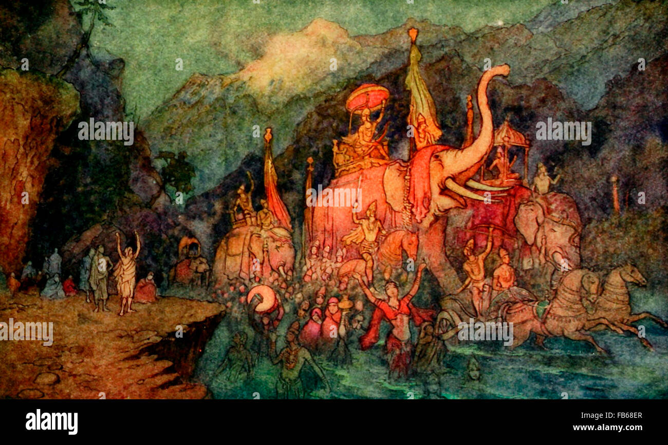 The Return of the Heroes slain in battle - Hindu Mythology Stock Photo