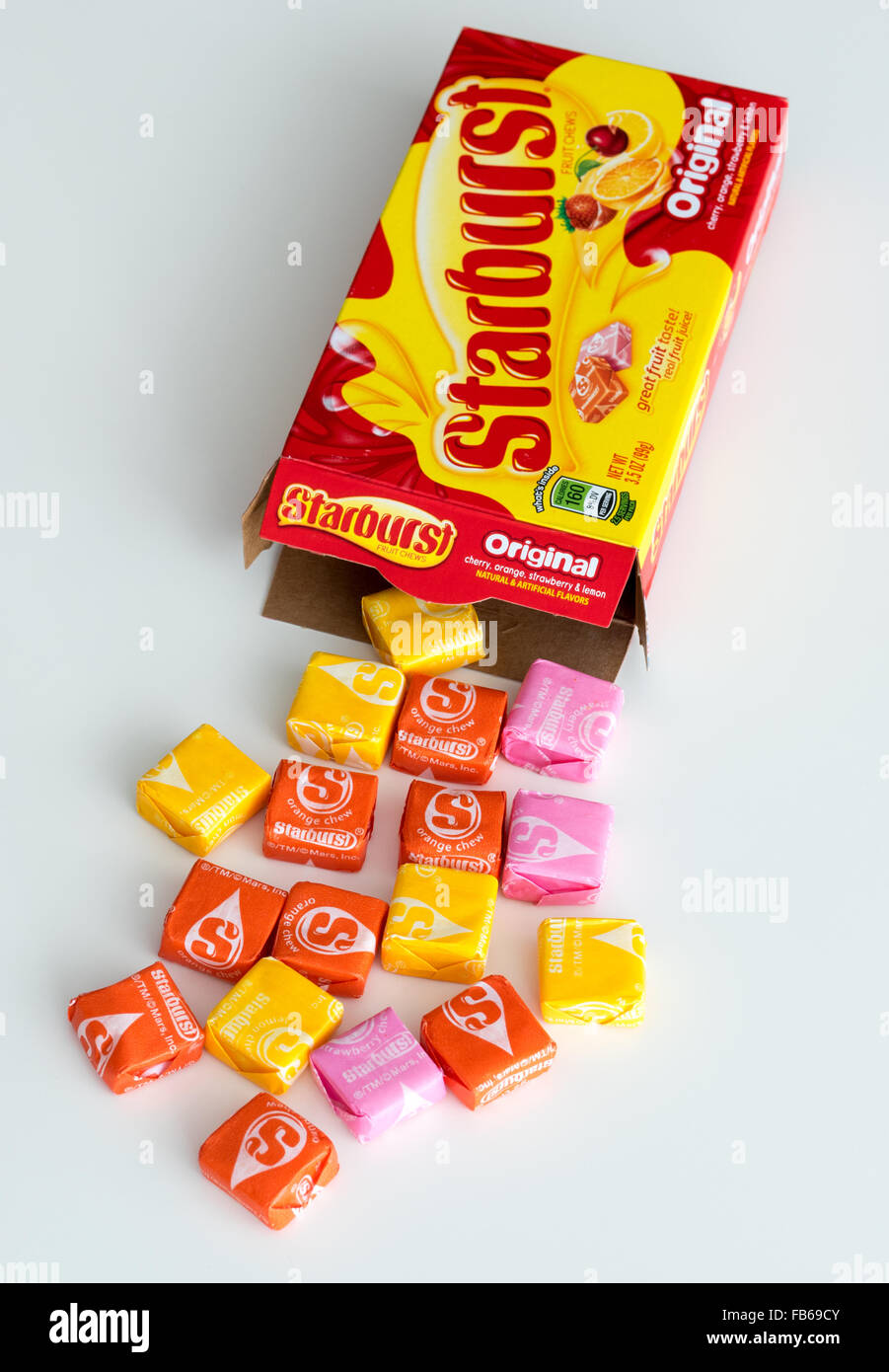A box of Starburst candy, a fruit-flavored candy manufactured by the Wrigley Company. Stock Photo