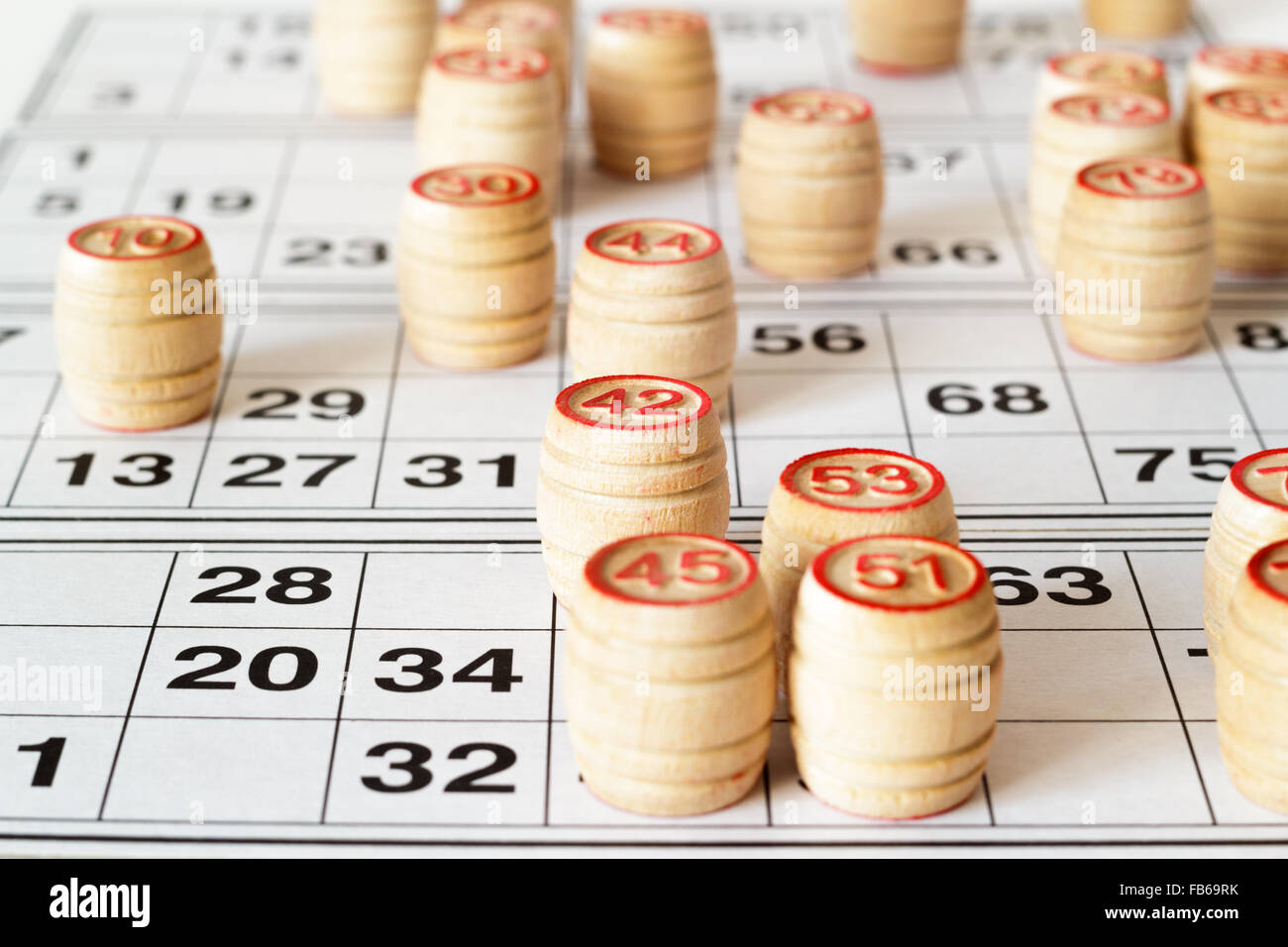 Wooden kegs and cards for lotto or bingo game Stock Photo Alamy