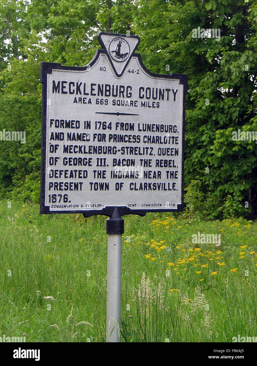 MECKLENBURG COUNTY  Area 669 Square Miles  Formed in 1764 from Lunenburg, and named for Princess Charlotte of Mecklenburg-Strelitz, Queen of George III.  Bacon, the Rebel, defeated the Indians near the present town of Clarksville, 1676.  Conservation & Development Commission, 1928. Stock Photo