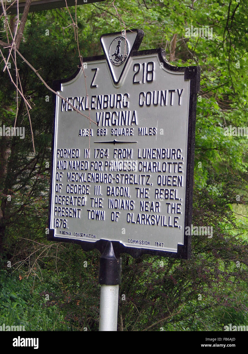 MECKLENBURG COUNTY VIRGINIA  Area 669 Square Miles  Formed in 1764 from Lunenburg, and named for Princess Charlotte of Mecklenburg-Strelitz, Queen of George III. Bacon, the Rebel, defeated the Indians near the present town of Clarksville, 1676.  Virginia Conservation Commission, 1947 Stock Photo