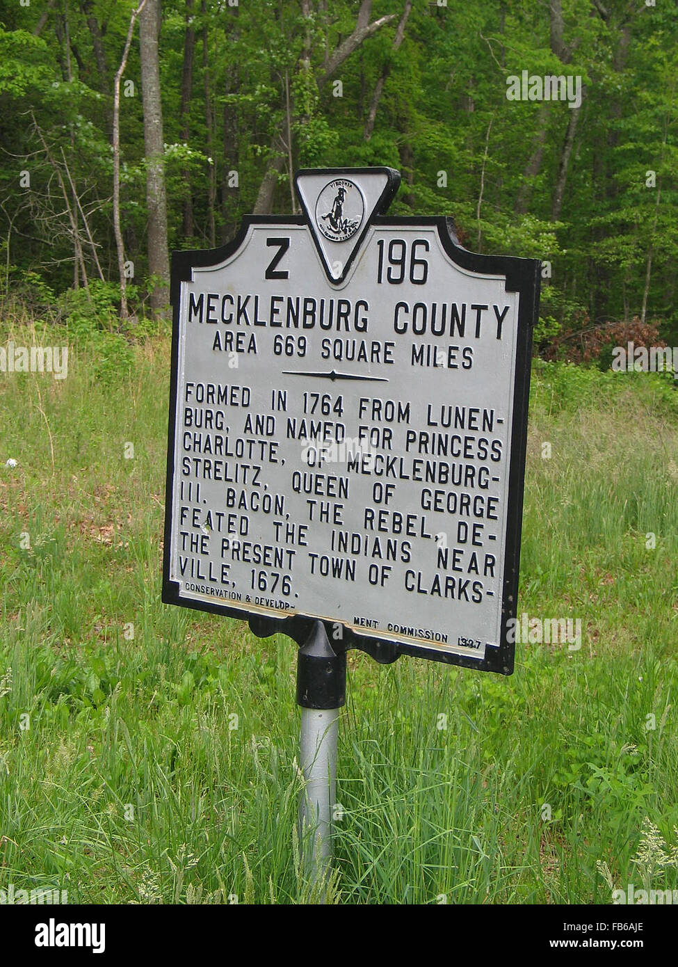 MECKLENBURG COUNTY  Area 669 Square Miles  Formed in 1764 from Lunenburg, and named for Princess Charlotte of Mecklenburg-Strelitz, Queen of George III.  Bacon, the Rebel, defeated the Indians near the present town of Clarksville, 1676.  Conservation & Development Commission, 1937. Stock Photo