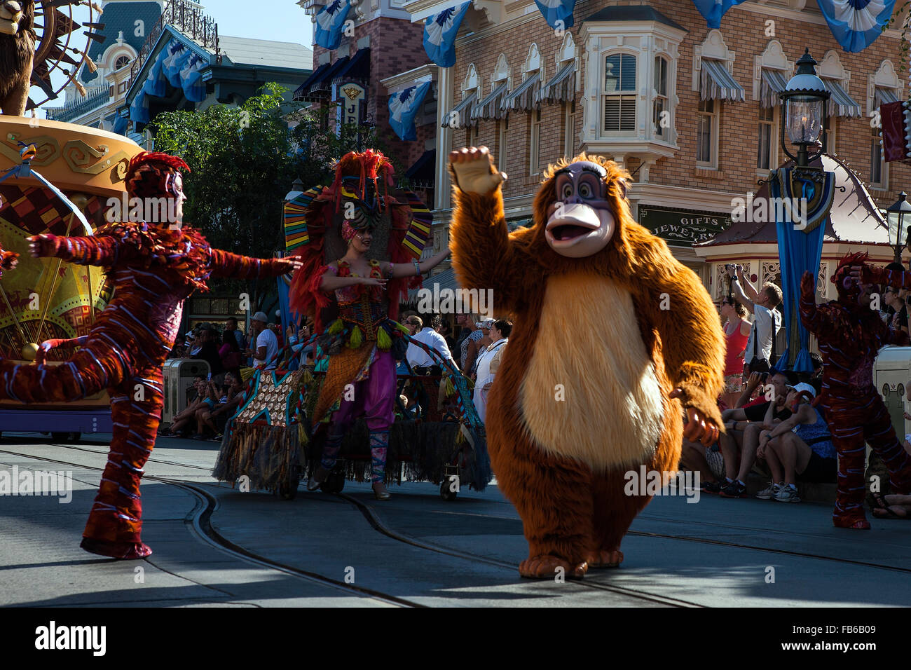 Characters participate in a parade on Main Street, Disneyland Resort, Anaheim, California, United States of America Stock Photo