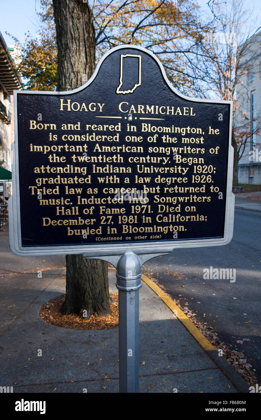 HOAGY CARMICHAEL  Born and reared in Bloomington, he is considered one of the most important American songwriters of the twentieth century. Began attending Indiana University 1920; graduated with a law degree 1926. Tried law as career, but returned to music. Inducted into Songwriters Hall of Fame 1971. Died on December 27, 1981 in California; buried in Bloomington.  (Continued on other side) Stock Photo