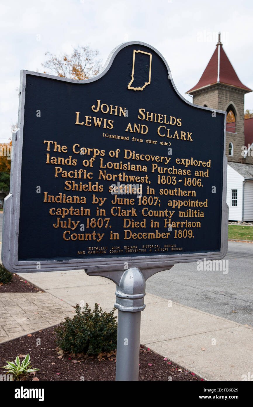 JOHN SHIELDS LEWIS AND CLARK  (Continued from other side)  The Corps of Discovery explored lands of Louisiana Purchase and Pacific Northwest, 1803-1806. Shields settled in southern Indiana by June 1807; appointed captain in Clark County militia July 1807. Died in Harrison County in December 1809.  Installed 2004 Indiana Historical Bureau and Harrison County Convention & Visitors Bureau Stock Photo