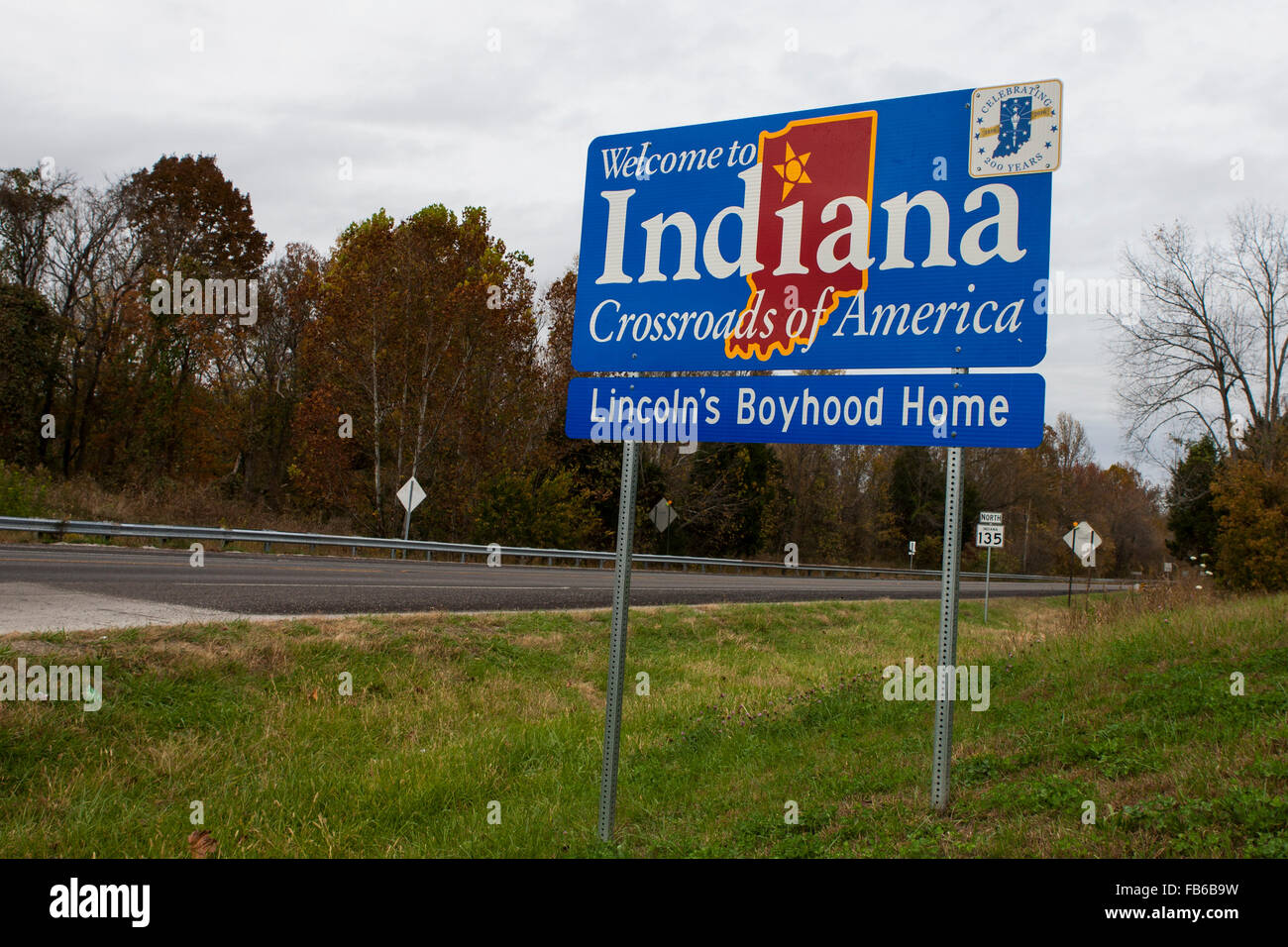 Welcome to Indiana Crossroads of America Lincoln's Boyhood Home sign, Indiana, United States of America Stock Photo