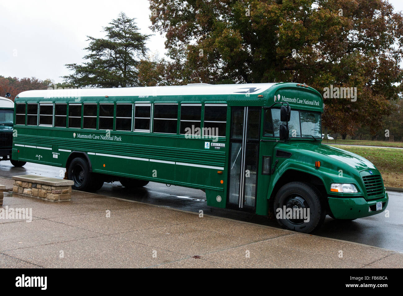 Green bus to transport visitors to cave entrances, Mammoth Cave National Park, Kentucky, United States of America Stock Photo