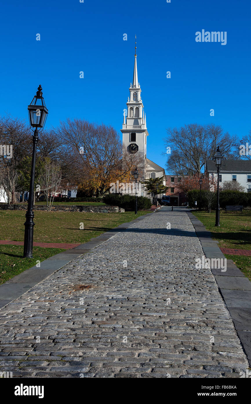 Cobblestone walkway to Trinity Church, Newport, Rhode Island, United States of America Stock Photo