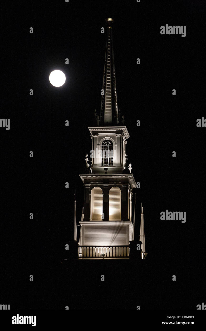 Trinity Church with rising full moon, Newport, Rhode Island, United States of America Stock Photo