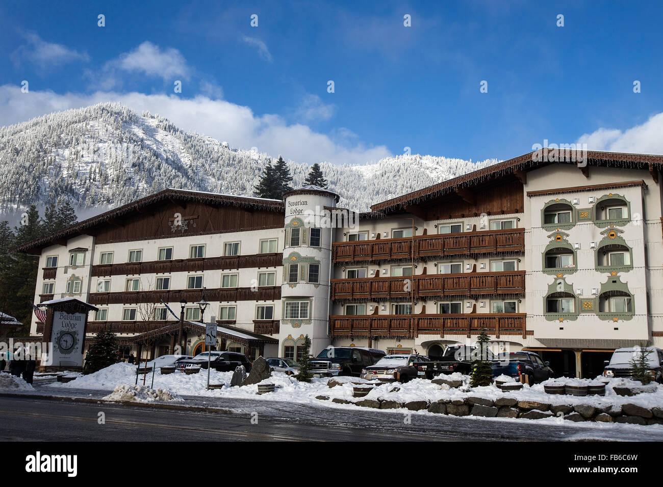 Bavarian Lodge with snow, Leavenworth, Washington, United States of America Stock Photo