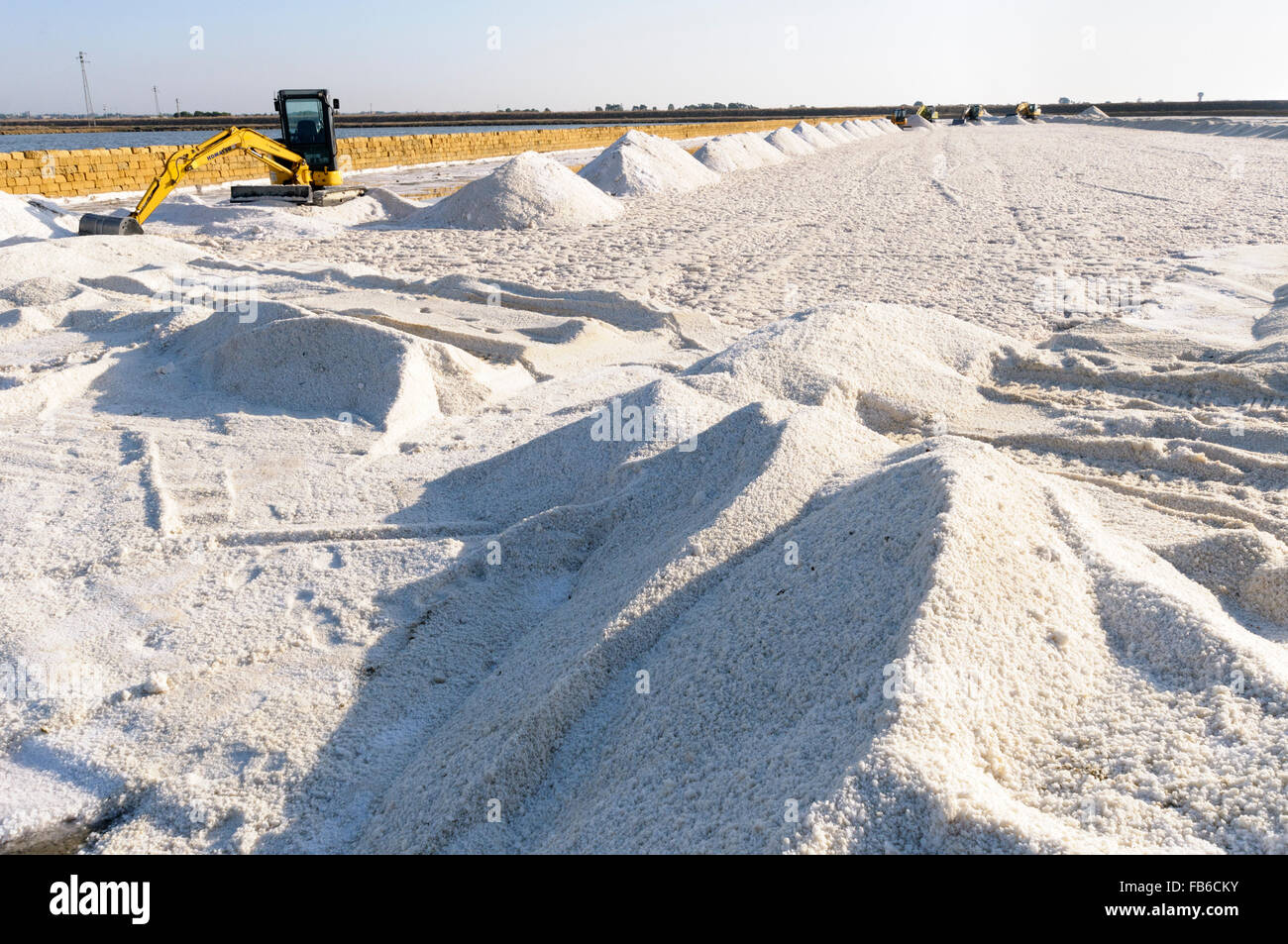taly, Sicily, Trapani. A Komatsu crawler excavator harvesting sea salt from a evaporation pond. Stock Photo