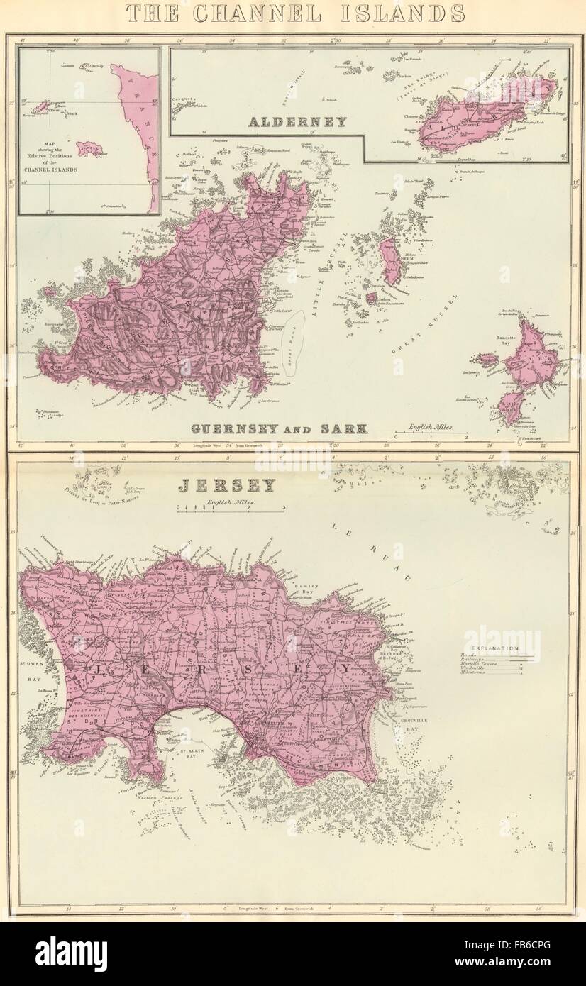 CHANNEL ISLANDS: Alderney Guernsey Sark Jersey. Antique map by GW BACON 1883 Stock Photo