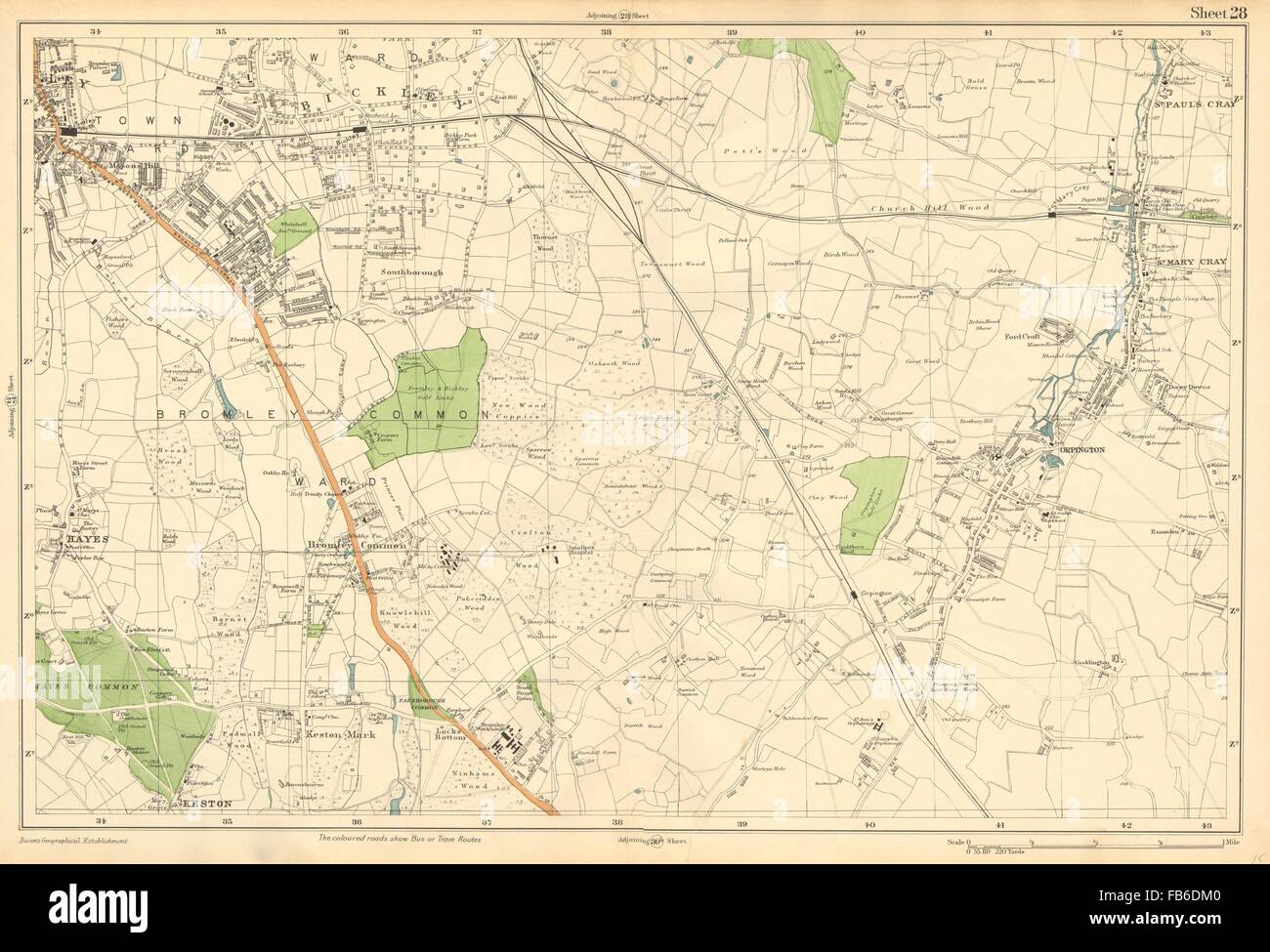 BROMLEY ORPINGTON:Hayes,Petts Wood,Keston,St Paul's Mary Cray(Bacon), c1911 map Stock Photo