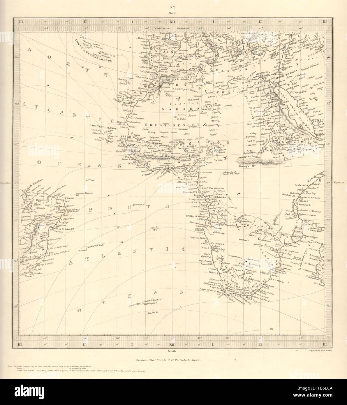 AFRICA:South Europe Brazil.Gnomonic Projection.Mountains of Kong.SDUK, 1848 map Stock Photo