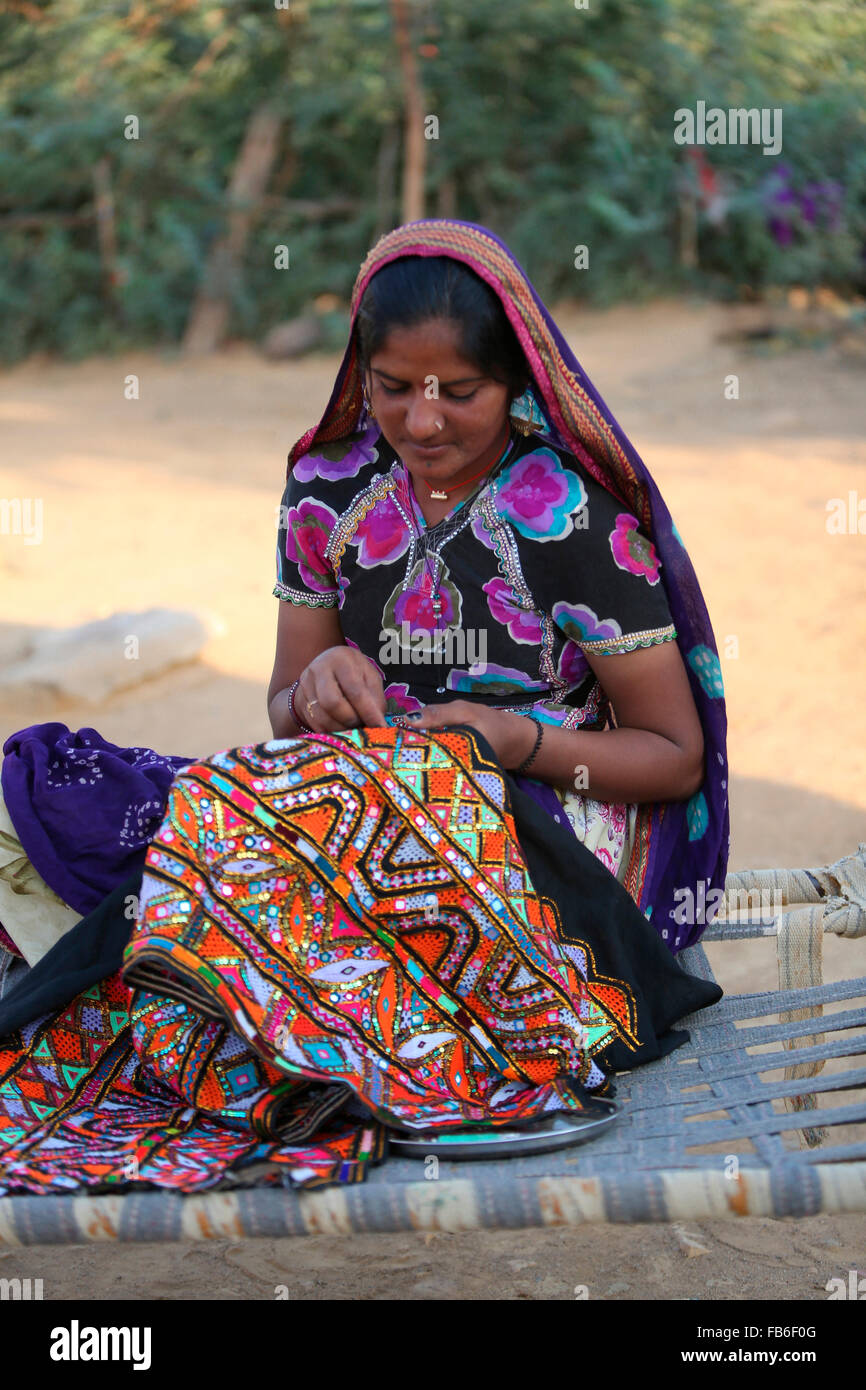 Kacchi Rabari (Desi), Laharia Village, Embroidery, Kutch District, Gujarat, India Stock Photo