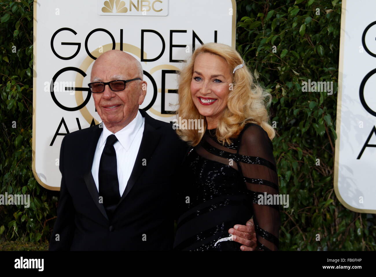 Beverly Hills, California, USA. 10th Jan, 2016. Rupert Murdoch and Jerry Hall arrive for the 73rd Annual Golden Globe Awards at the Beverly Hilton Hotel in Beverly Hills, California, USA, 10 January 2016. Photo: Hubert Boesl/dpa - NO WIRE SERVICE -/dpa/Alamy Live News Stock Photo