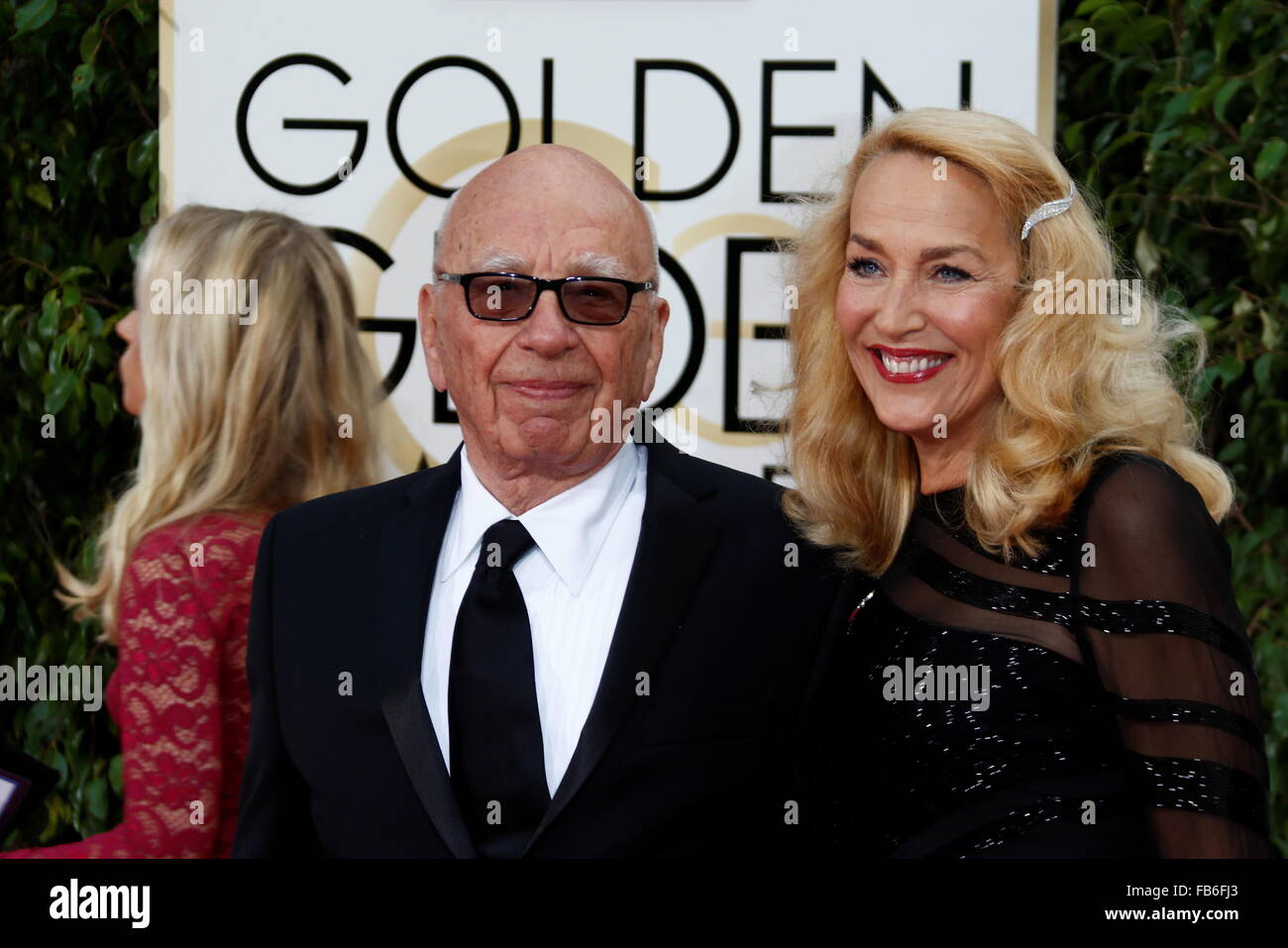 Beverly Hills, California, USA. 10th Jan, 2016. Rupert Murdoch and Jerry Hall arrive for the 73rd Annual Golden Globe Awards at the Beverly Hilton Hotel in Beverly Hills, California, USA, 10 January 2016. Photo: Hubert Boesl/dpa - NO WIRE SERVICE -/dpa/Alamy Live News Stock Photo