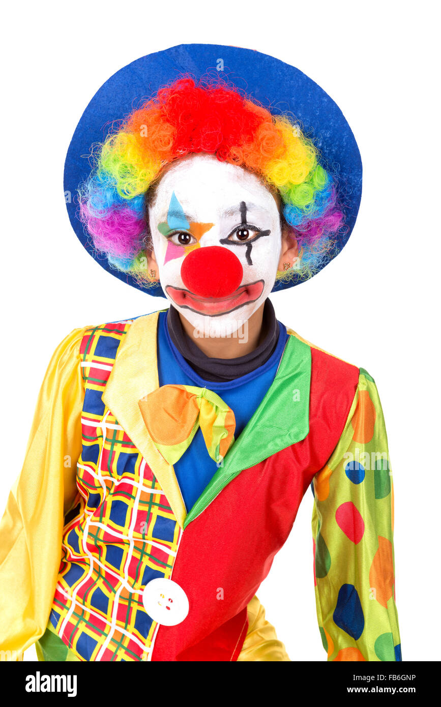 Young girl with clown costume isolated in white Stock Photo Alamy