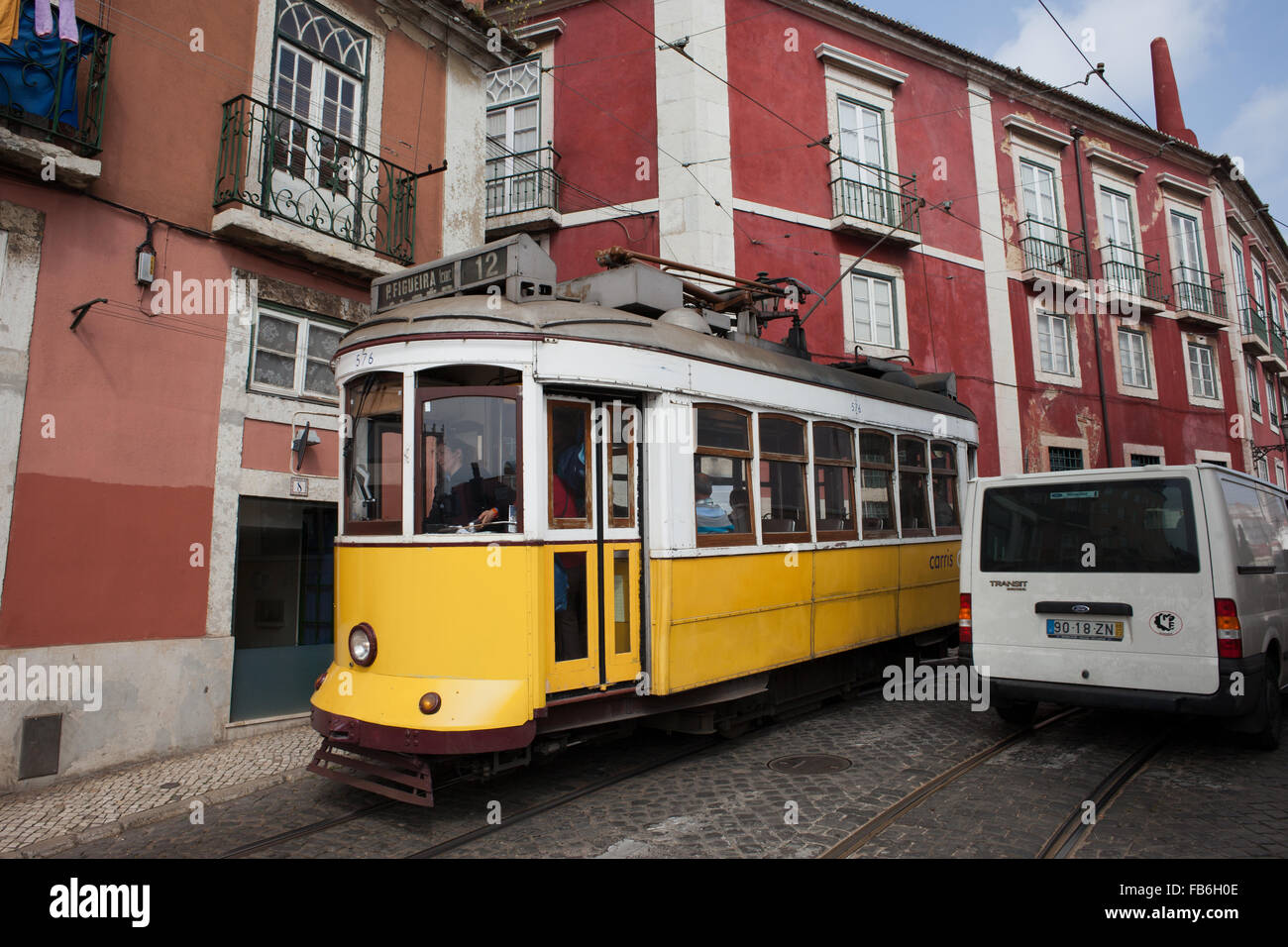 Vintage tram route 12 on Largo Santa Luzia street in the city of Lisbon, Portugal Stock Photo