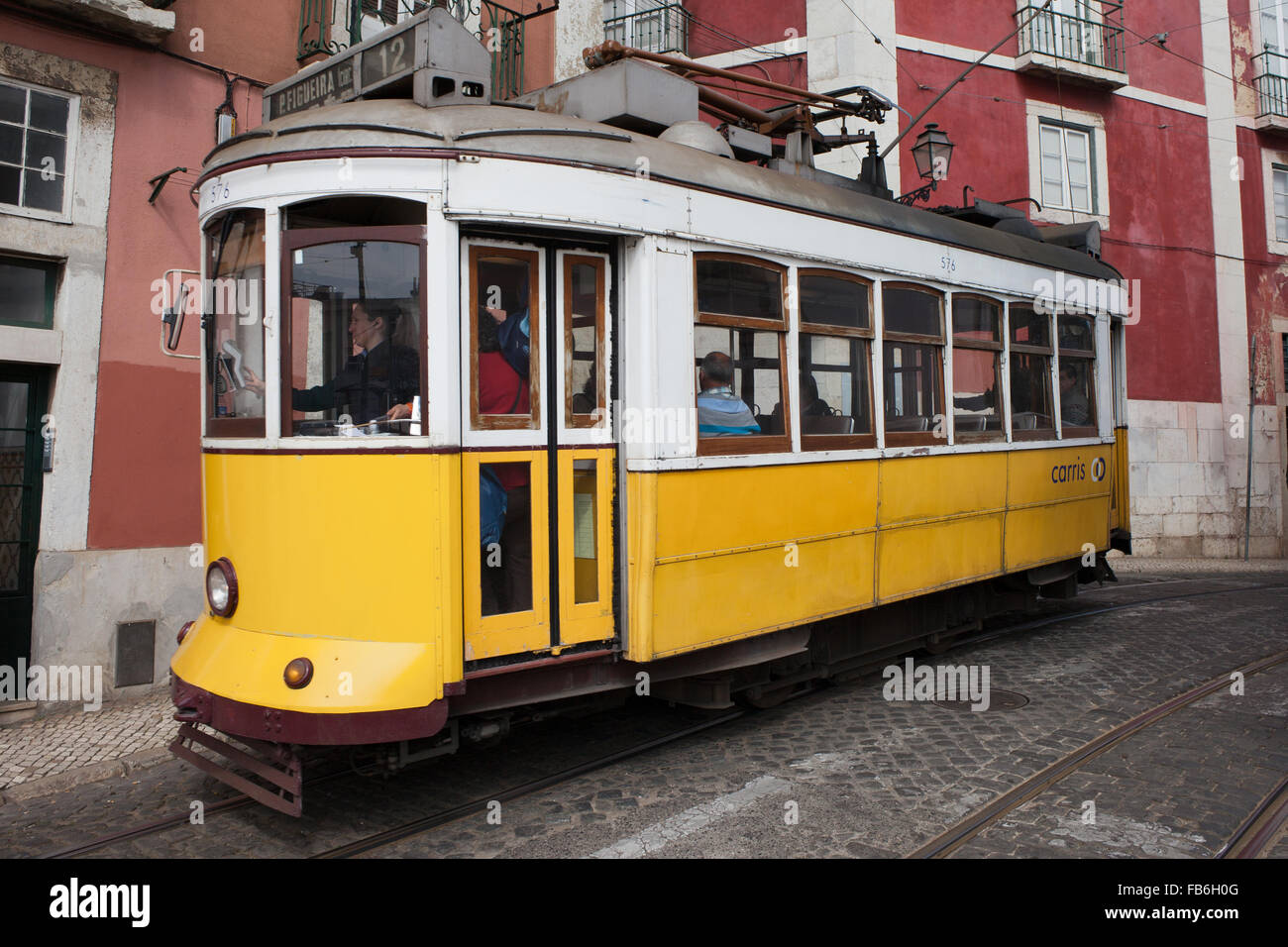 Portugal, city of Lisbon, vintage tram route 12 on Largo Santa Luzia street Stock Photo