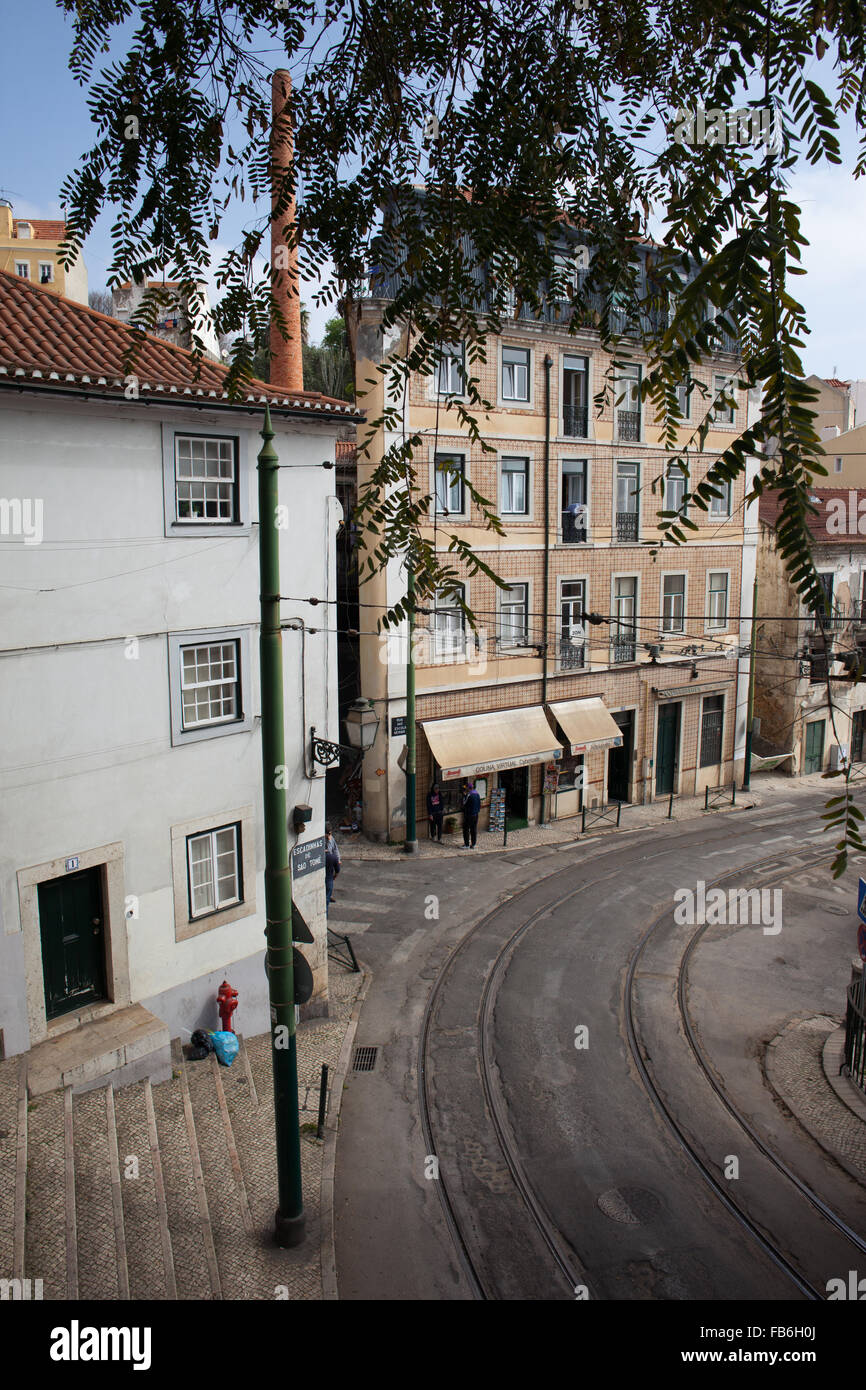 Street with tramline route 12 in the city of Lisbon, Portugal Stock Photo