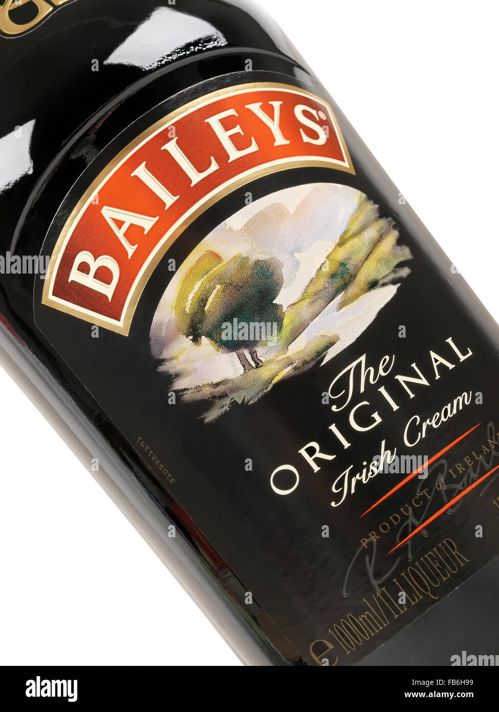 Bottle of 'Baileys' Irish cream. Baileys Irish Cream is an Irish whiskey and cream based Stock Photo