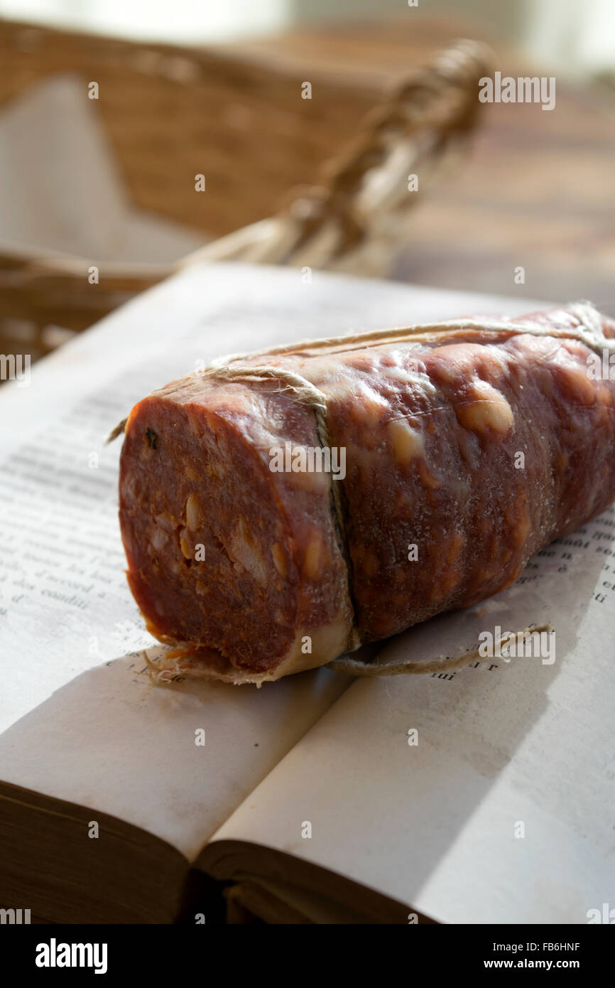 Calabrese soppressata a fiery brawn made in Calabria on an old book