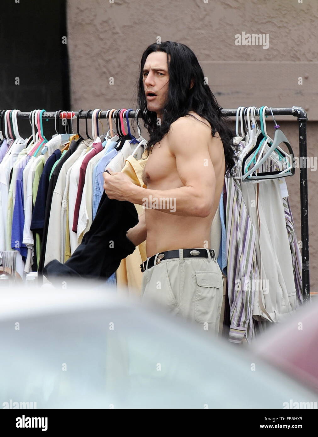 Actor James Franco shows off his incredible ripped abs while filming a  scene for his upcoming flick The Disaster Artist filming in Hollywood Ca.  Co star and Producer Seth Rogen was also