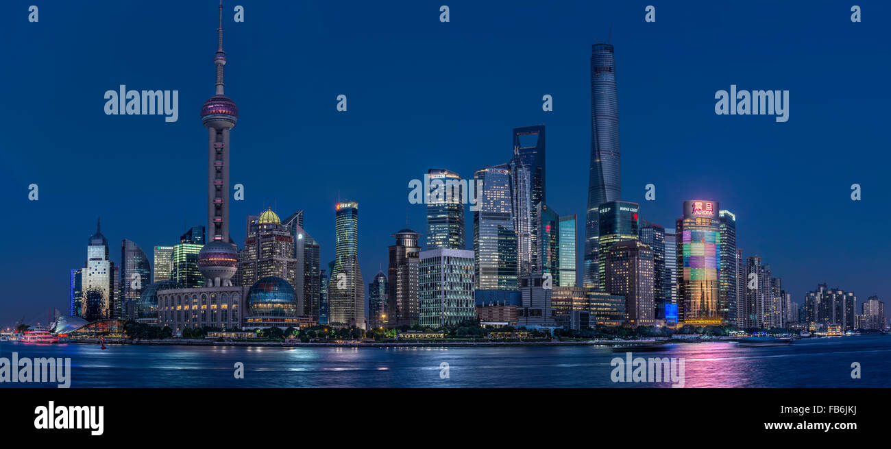 Shanghai panoramic skyline sunrise in early morning, The pink cloudscape and beautiful blue sky. Stock Photo