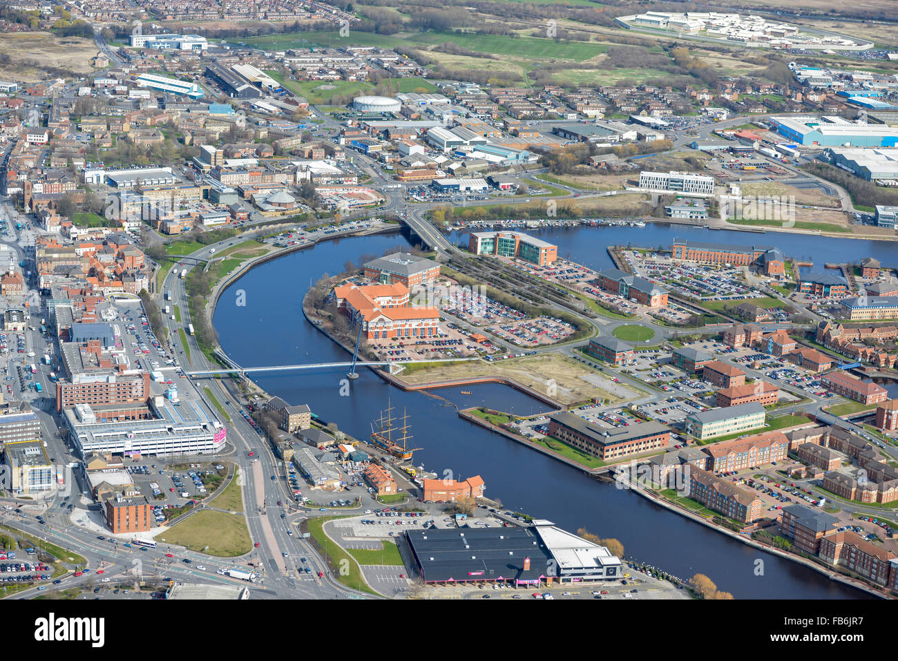 An aerial view of the centre of Stockton on Tees with the new North Shore development visible Stock Photo