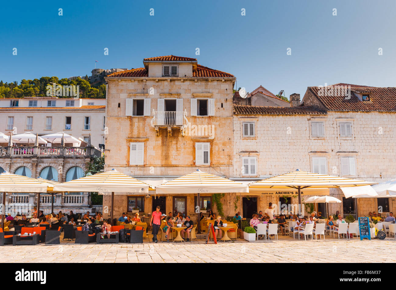 Cafés,bars and restaurants along the promenade at Hvar, Hvar Island, Croatia, Europe. Stock Photo