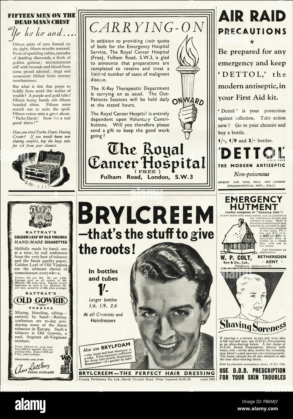 Original vintage advert from 1930s. Advertisements from October 1939, at the start of World War II, advertising products typical of the period. Stock Photo