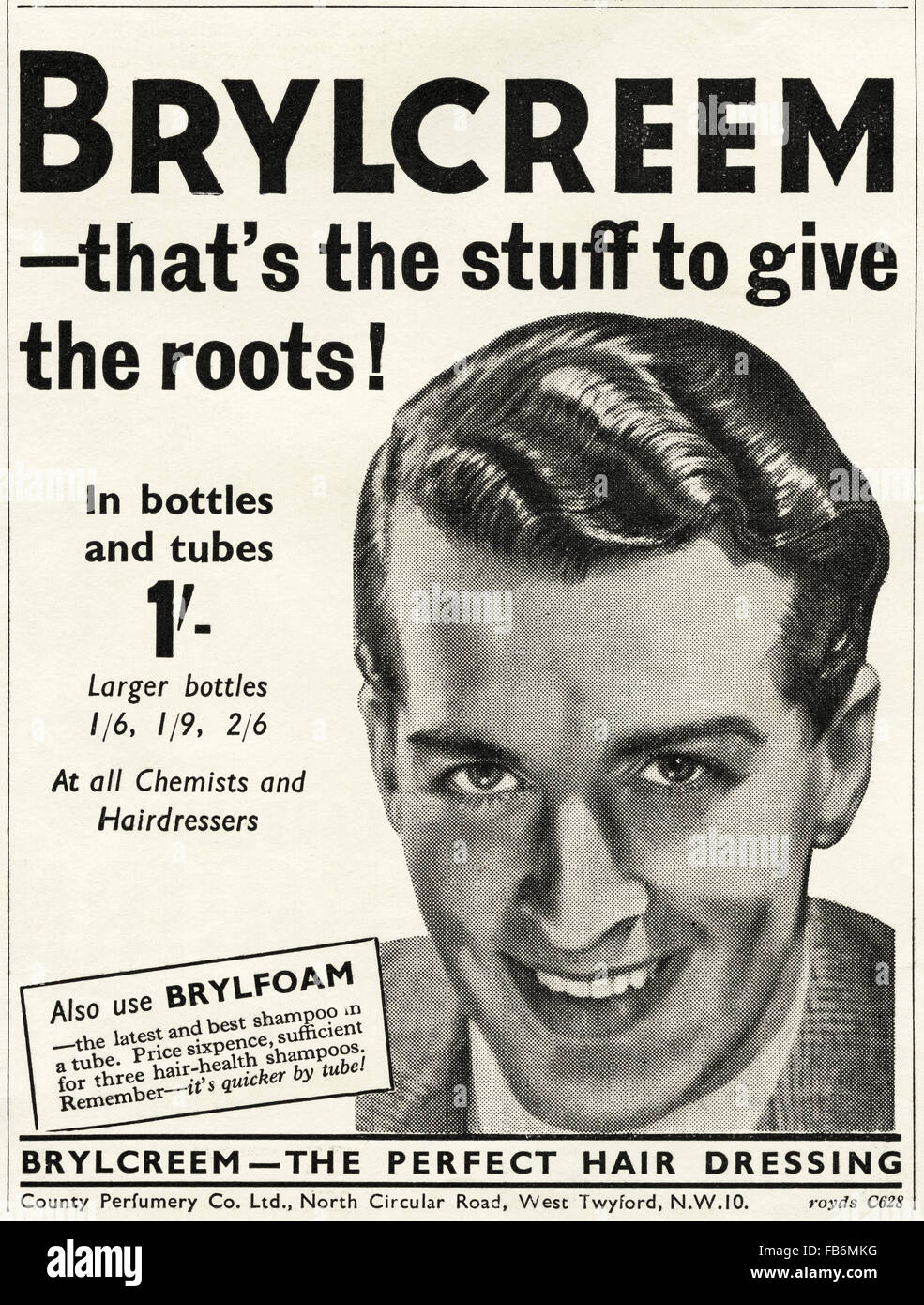 Original vintage advert from 1930s. Advertisement from October 1939, at the start of World War II, advertising Brylcreem by the County Perfumery Co Ltd of West Twyford. 30s retro Stock Photo