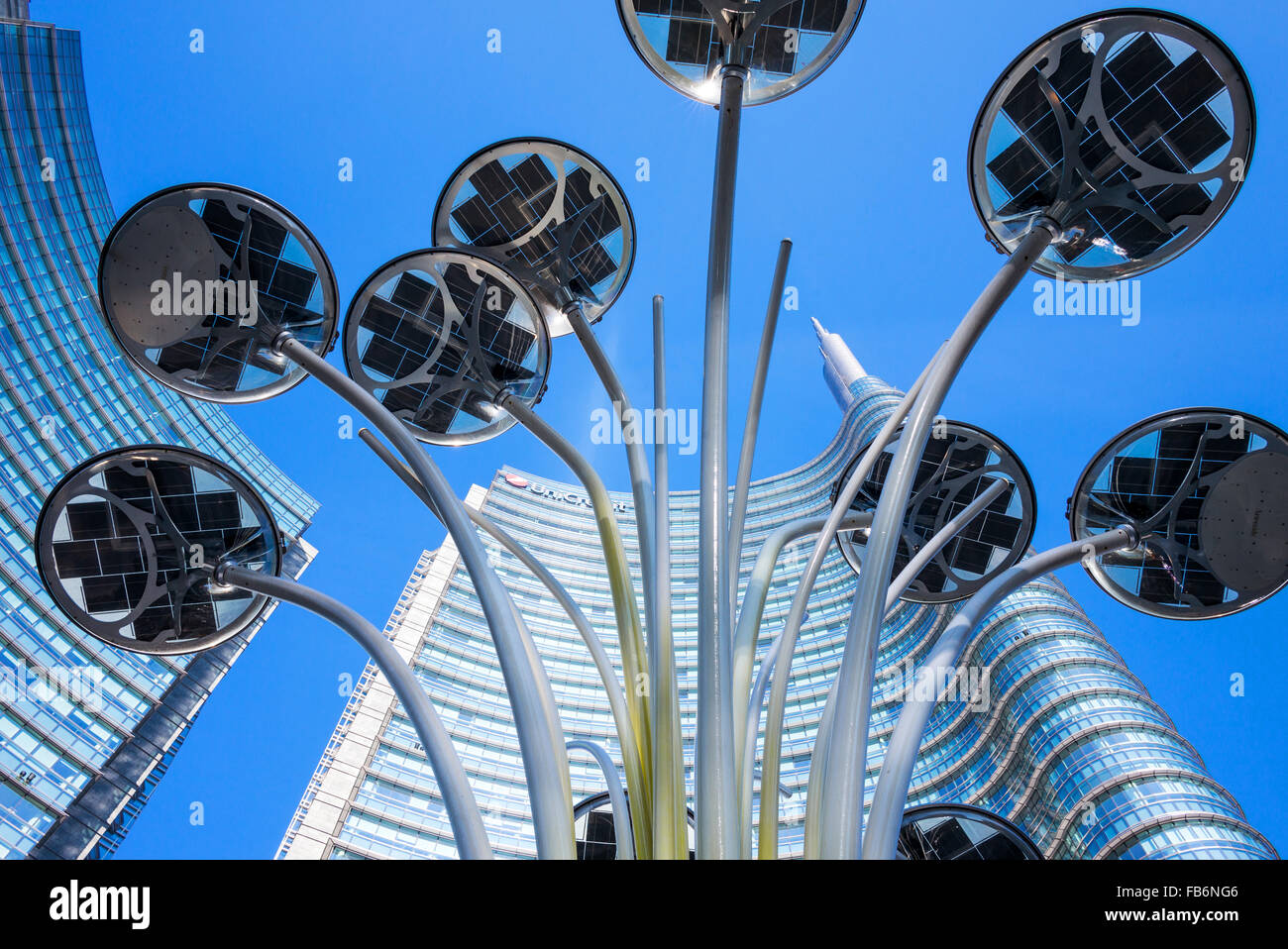 Italy, Milan, Porta Nuova, the Solar Tree with the Unicredit Tower in the background Stock Photo
