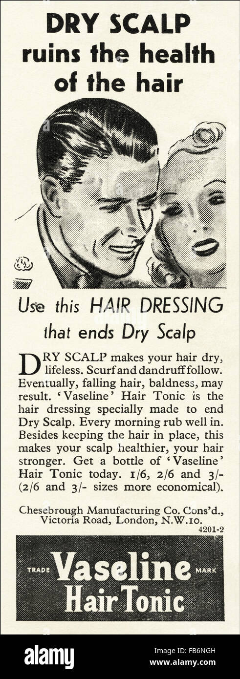 Original vintage advert from 1930s. Advertisement from October 1939, at the start of World War II, advertising Vaseline Hair Tonic. Stock Photo