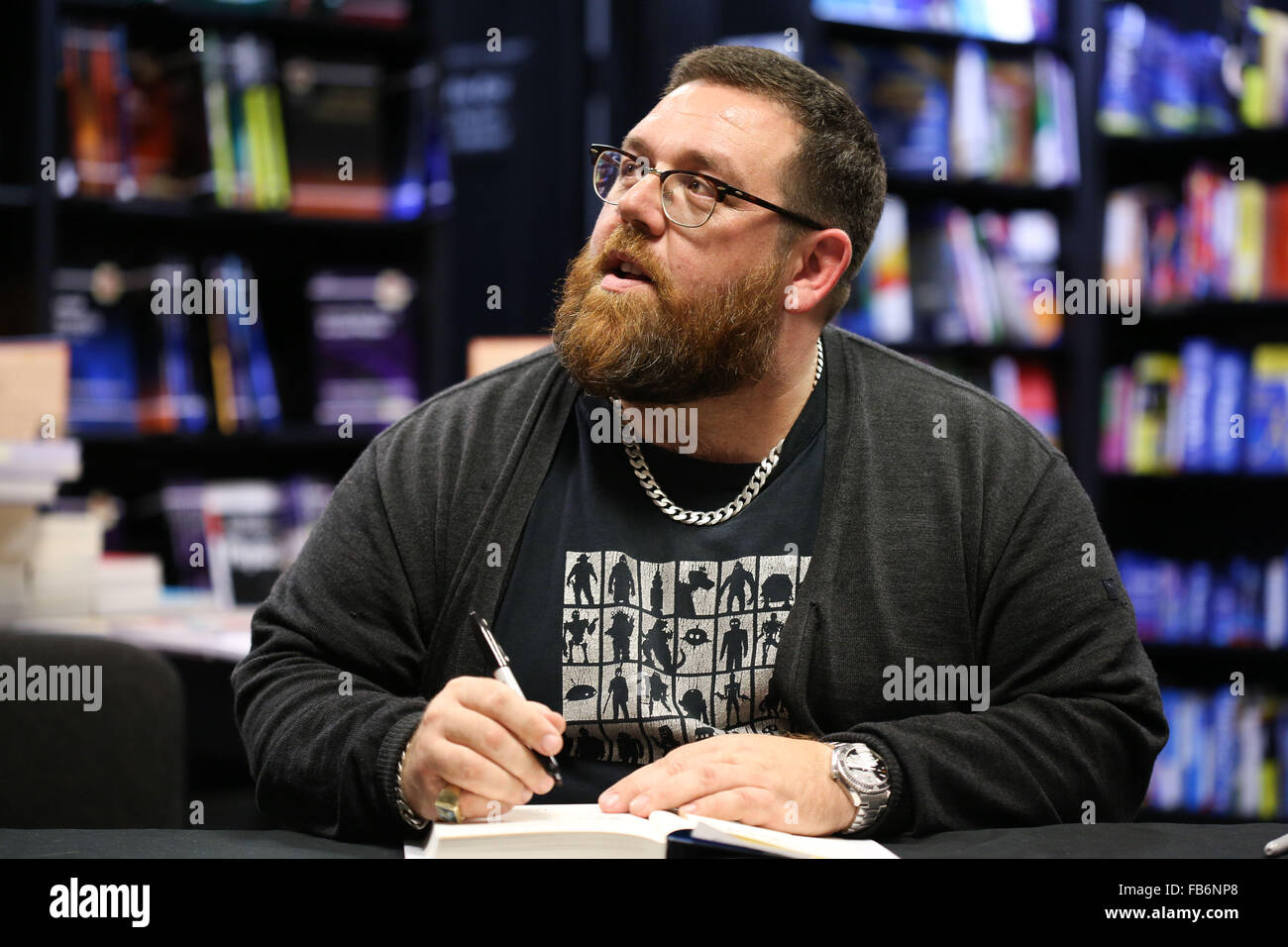 Comedian, actor and author Nick Frost signs copies of his new book, 'Truths, Half Truths and Little White Lies'. Stock Photo