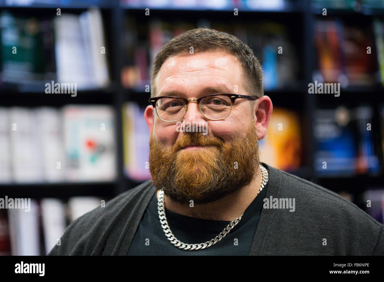 Comedian, actor and author Nick Frost signs copies of his new book, 'Truths, Half Truths and Little White Lies'. Stock Photo