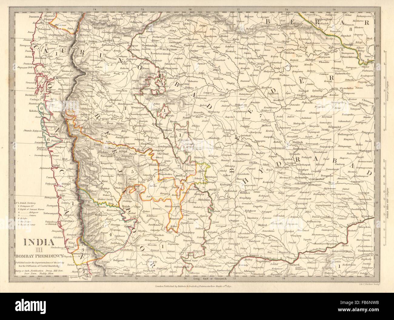 BOMBAY (MUMBAI) PRESIDENCY AND HYDERABAD: Aurangabad; Bijapur. SDUK, 1848 map Stock Photo