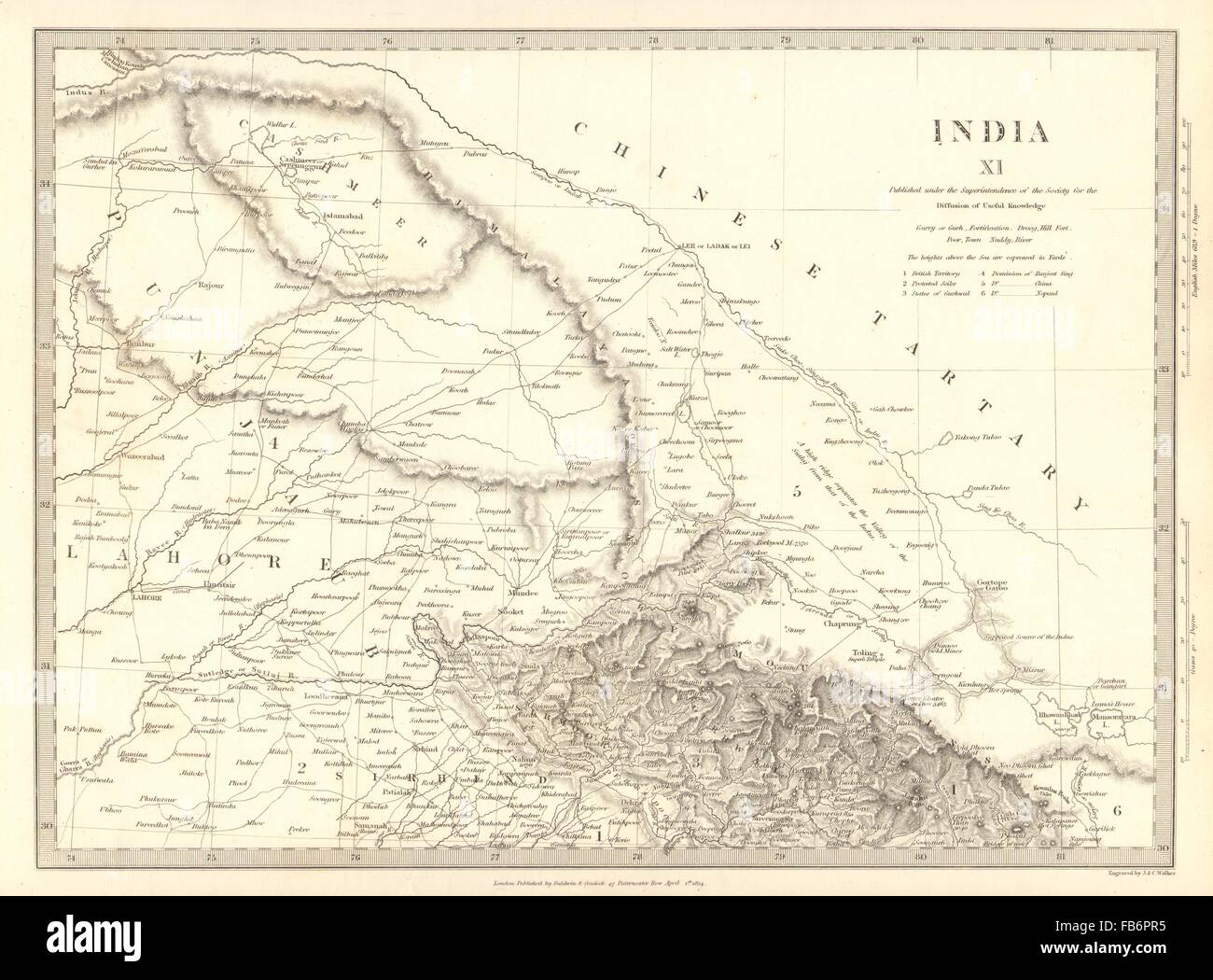 INDIA PAKISTAN: Punjab Garhwal Lahore Sirhind Kashmir China. SDUK, 1848 map Stock Photo