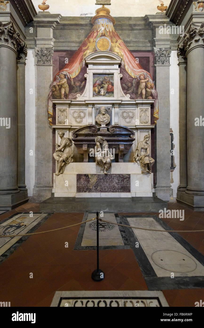 Florence. Italy. Tomb of Michelangelo Buonarroti (1475–1564) by Giorgio Vasari, Basilica of Santa Croce. Stock Photo