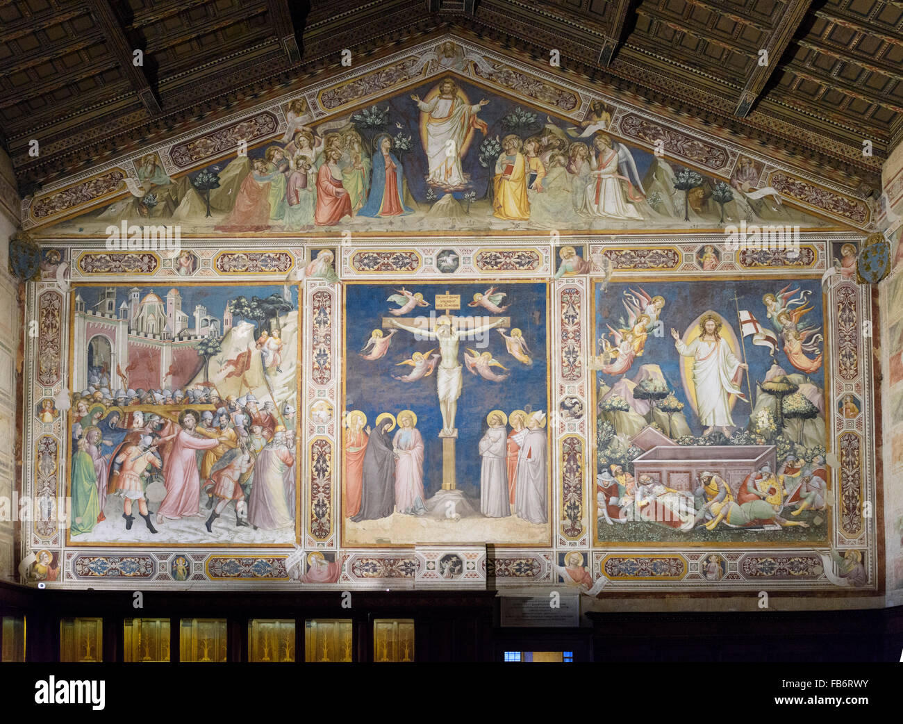 Florence. Italy. The Crucifixion, fresco, (ca. 1360) by Taddeo Gaddi, fresco in the Sacristy, Basilica of Santa Croce. Stock Photo